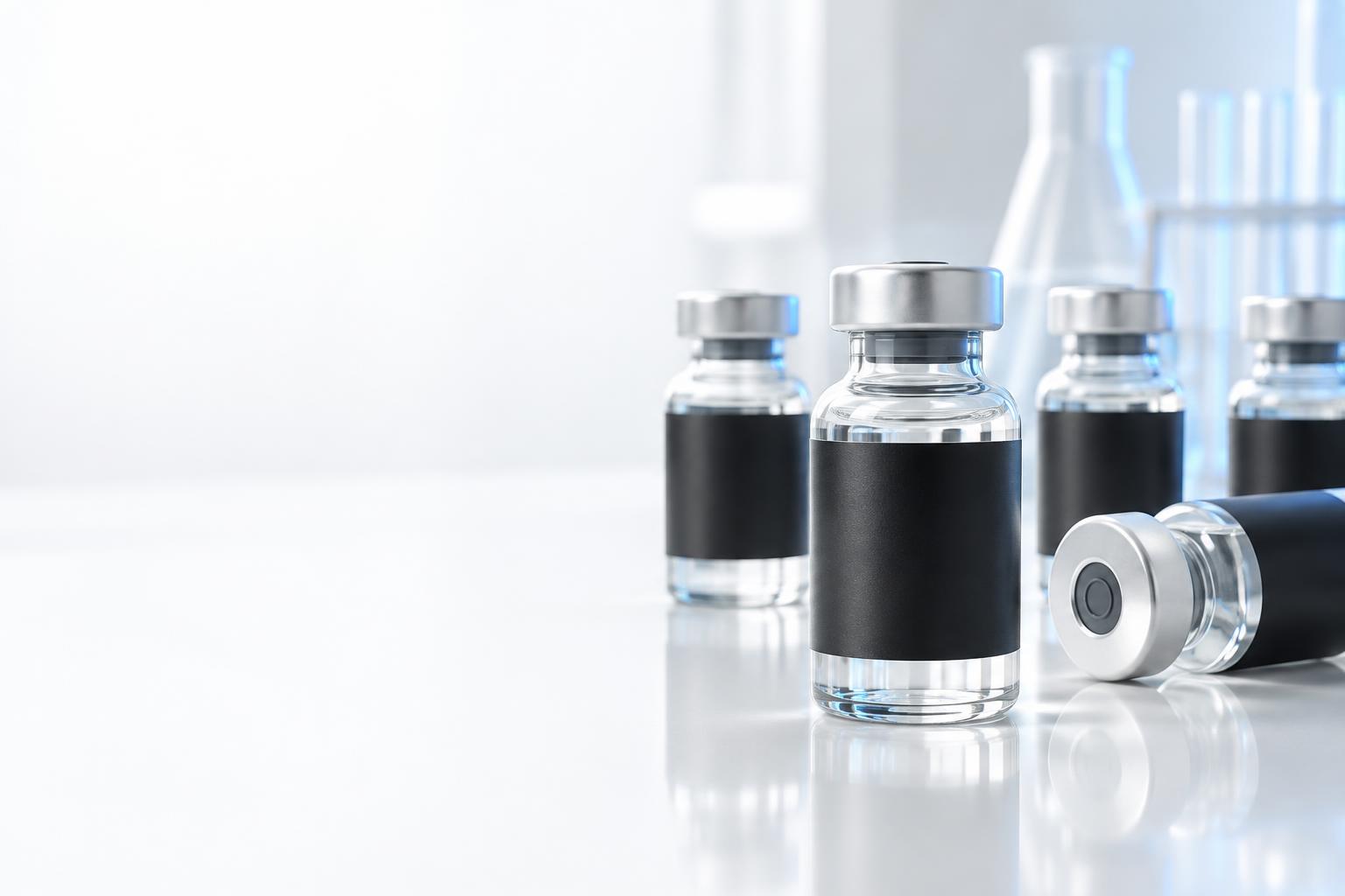 Silver-capped laboratory research vials with electric-blue detailing